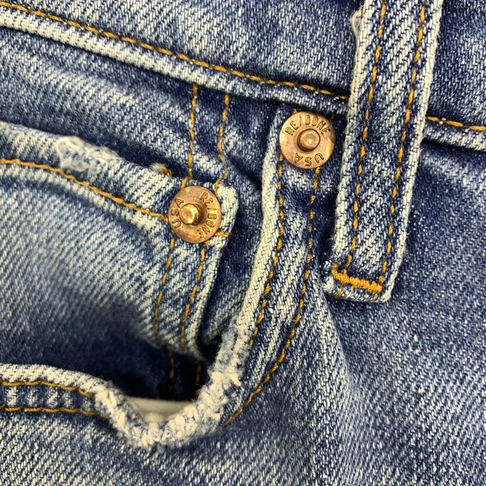 Re/Done 70's Stove Pipe High Rise Straight Jean Womens 24 Medium Wash Distressed